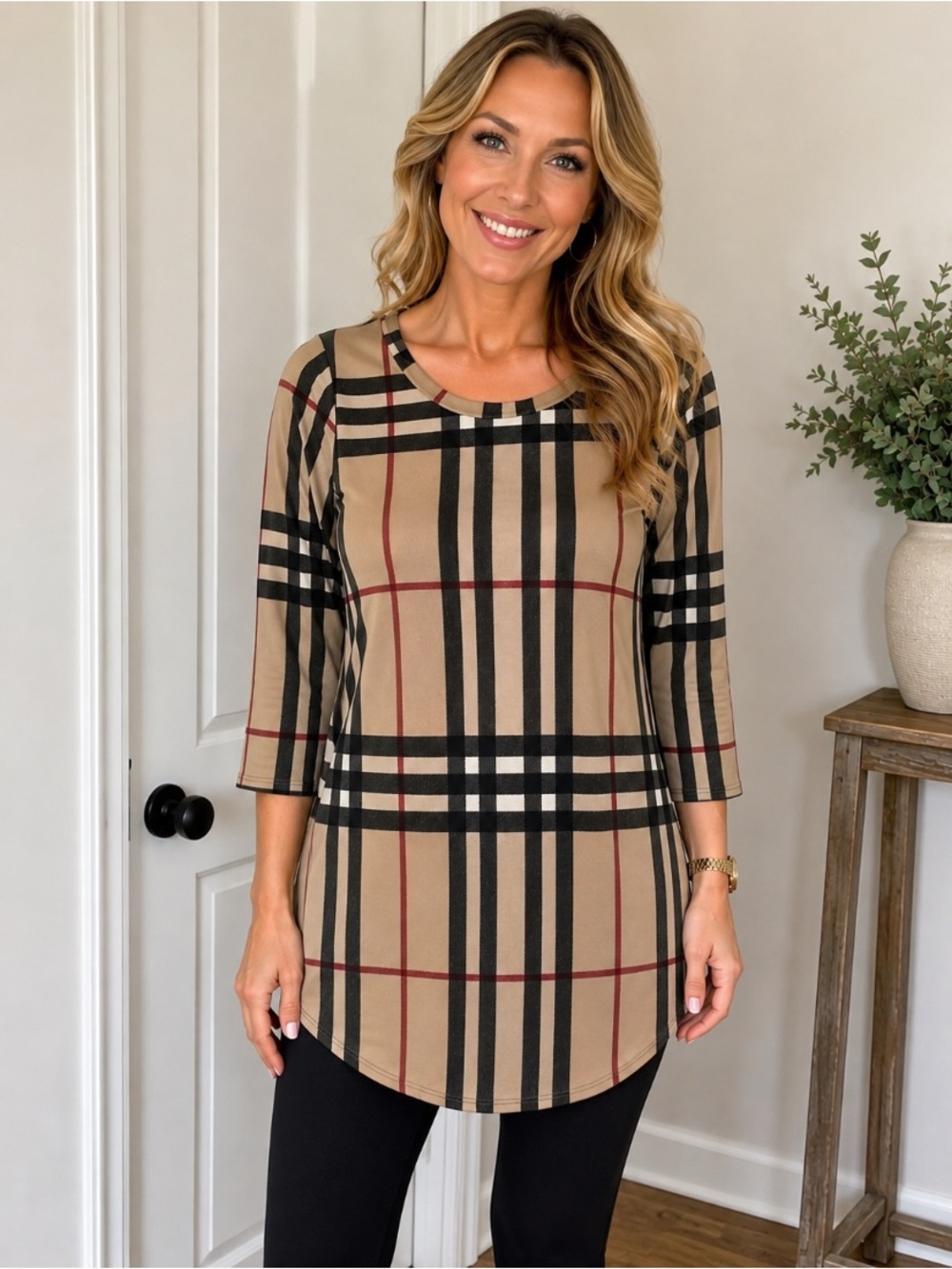 Plaid Long Sleeve Tunic Top in Camel